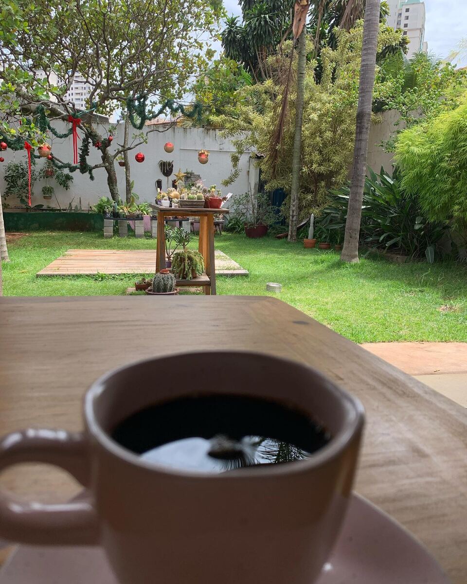 Xícara de café preto sobre a mesa de madeira, com o gramado e o jardim da casa ao fundo